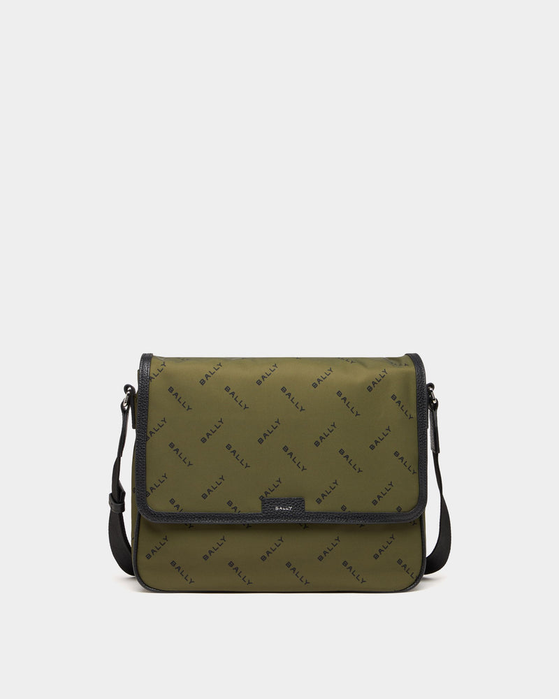 Messenger Bag In Green Nylon With a Chevron Logo Print