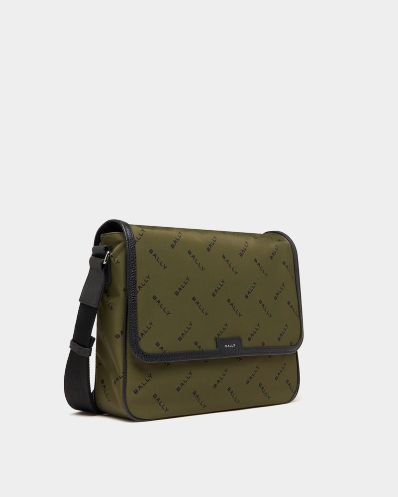 Messenger Bag In Green Nylon With a Chevron Logo Print