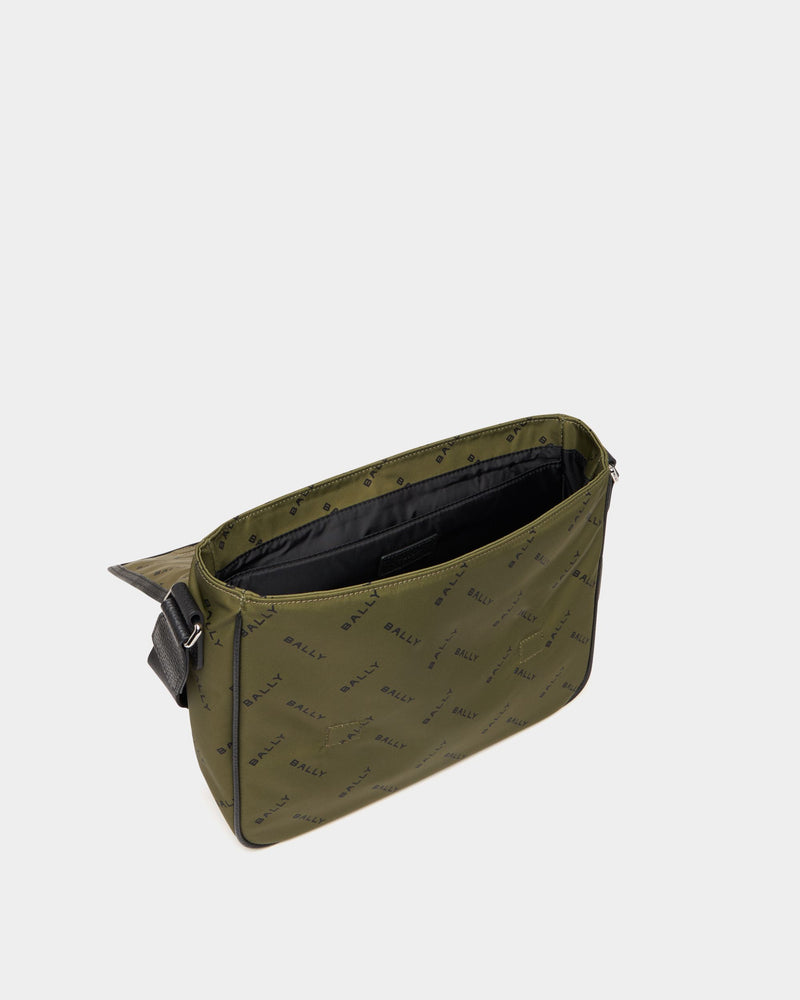 Messenger Bag In Green Nylon With a Chevron Logo Print