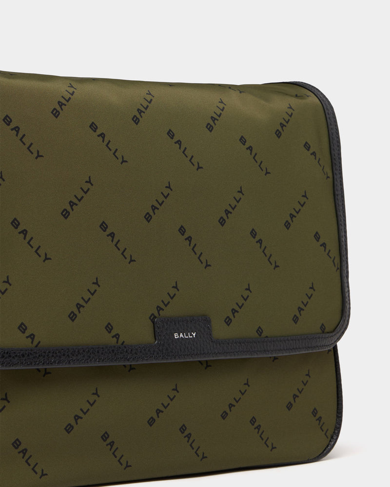 Messenger Bag In Green Nylon With a Chevron Logo Print