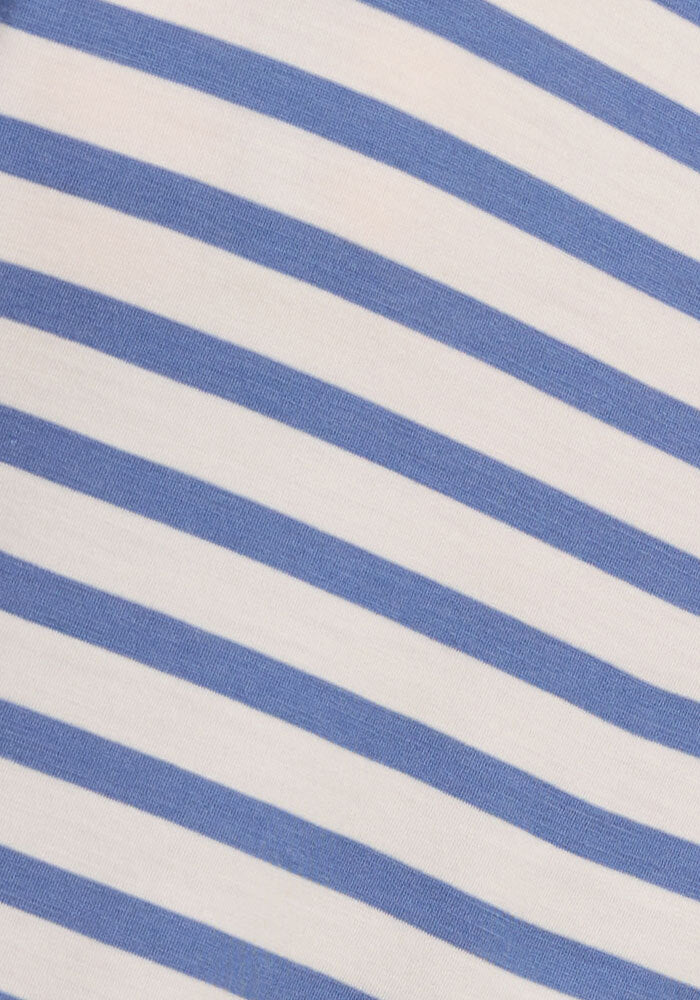Close-up of the Woolx Mia V Neck in Blue Sand Stripe, featuring evenly spaced diagonal blue and white stripes on moisture-wicking Merino wool for odor-resistant comfort.