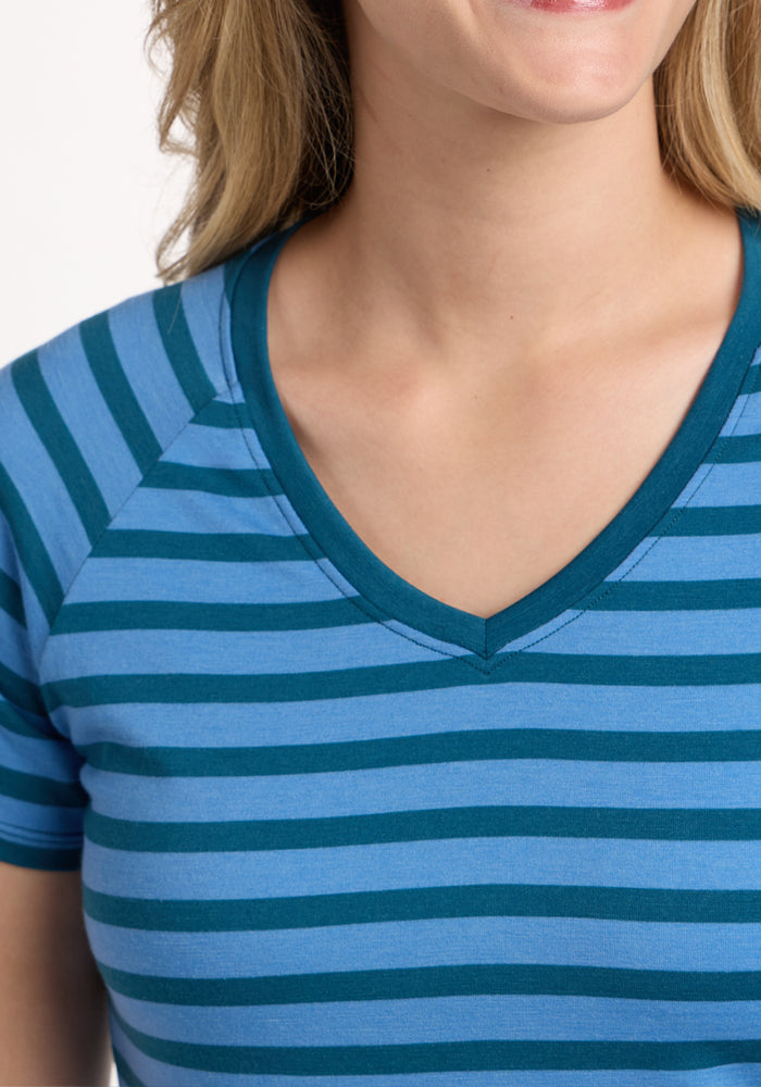 A smiling woman with blonde hair partially visible wears the Woolx Mia V Neck - Coastal Stripe, an odor-resistant, moisture-wicking blue and teal striped shirt. The image shows her from the shoulders to just above the mouth.