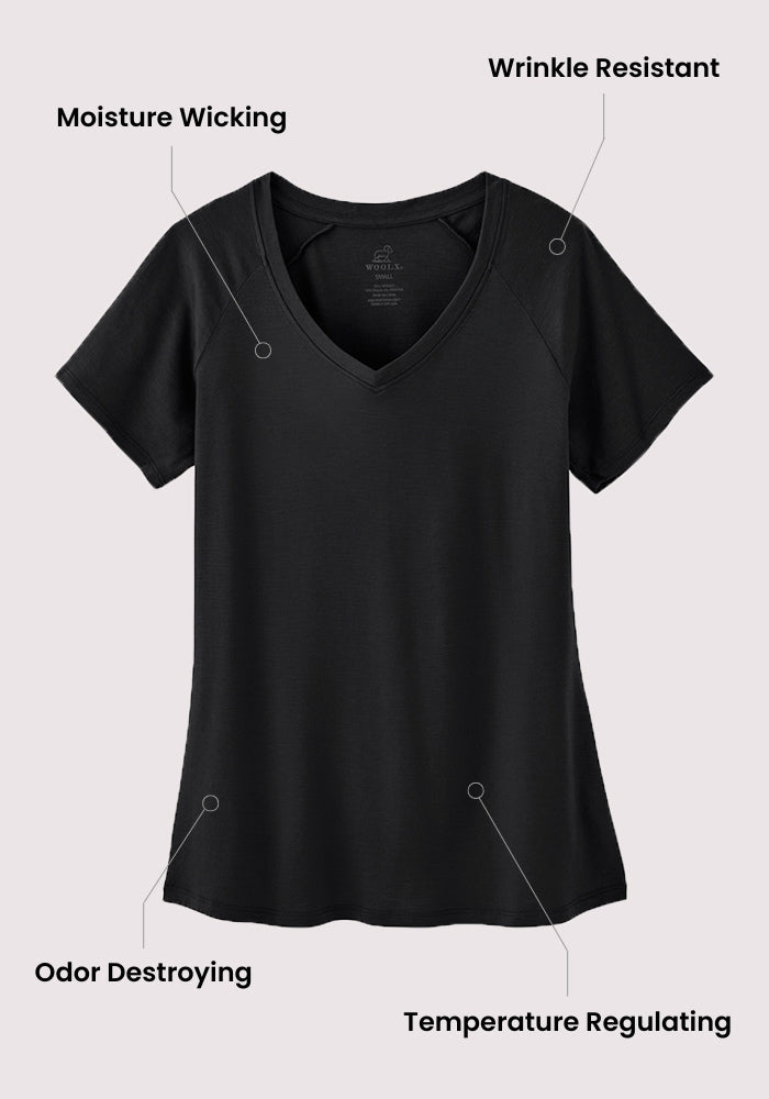 The Woolx Mia V Neck in Peppercorn is a women’s tee made of moisture-wicking Merino wool—odor, wrinkle, and temp resistant.