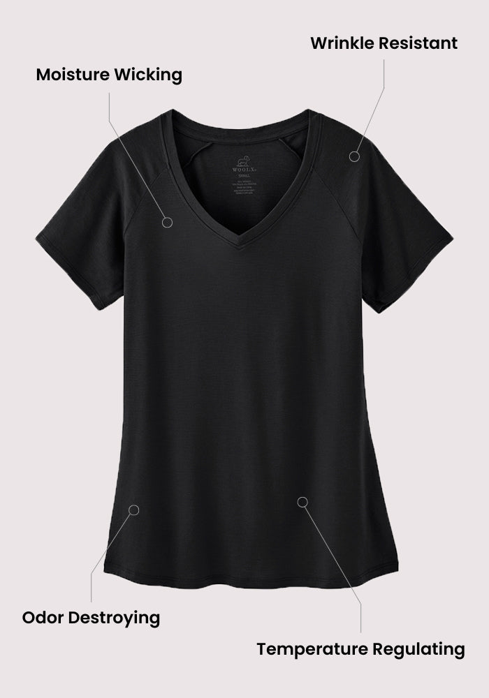 The Woolx Mia V Neck, a black women's merino wool tee, is shown on a light background with highlights: Moisture Wicking, Wrinkle Resistant, Odor Destroying, and Temperature Regulating for premium comfort.