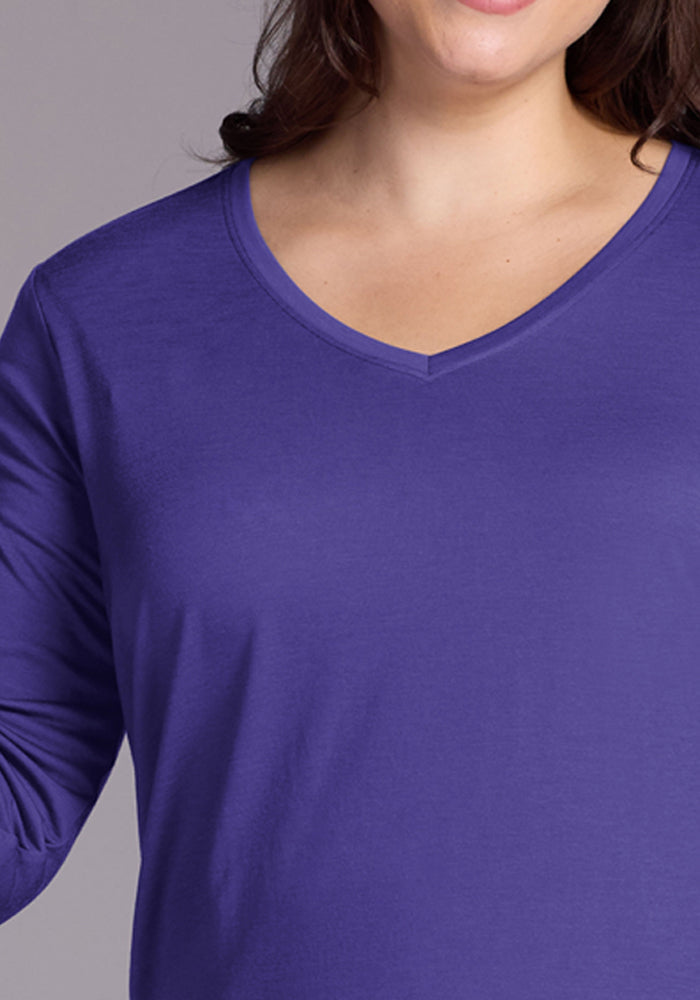 Model wearing Woolx Millie Long Sleeve in Berry Indigo, shown from shoulders to just below the chest.
