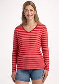A smiling woman with long blonde hair wears the Woolx Millie Long Sleeve in Wildberry Stripe and denim shorts, standing against a plain white background. | Ariana is 5'11", wearing a size S
