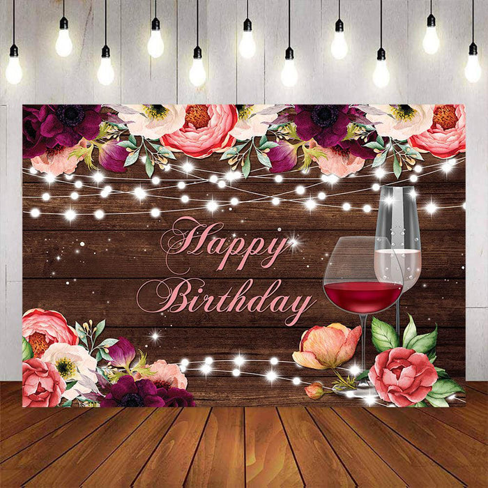Mocsicka Flowers and Red wine Happy Birthday Backdrop-Mocsicka Party