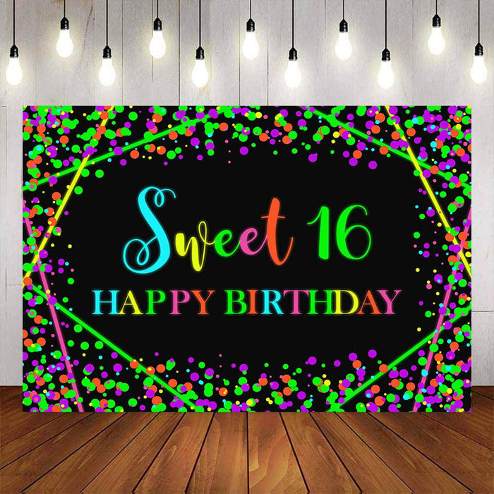 Mocsicka Neon and Colorful Dots Sweet 16 Happy Birthday Backdrop-Mocsicka Party