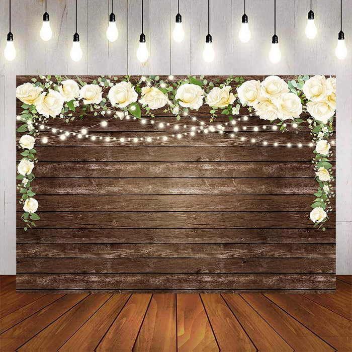 Mocsicka White Flowers and Wooden Floor Baby Shower Backdrop-Mocsicka Party