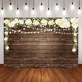Mocsicka White Flowers and Wooden Floor Baby Shower Backdrop-Mocsicka Party
