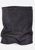 The Woolx Neck Gaiter - Cinder Melange is a dark gray, tubular Merino wool accessory made from soft, stretchy fabric, shown upright against a plain white background.