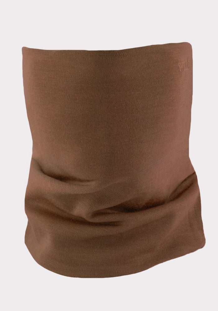 The Woolx Neck Gaiter • Final Sale - Bourbon Oak, crafted from Australian Merino wool, is showcased upright against a plain, light background.
