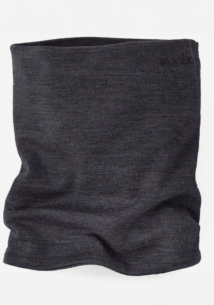 The Woolx Neck Gaiter - Cinder Melange is a dark gray, tubular Merino wool accessory made from soft, stretchy fabric, shown upright against a plain white background.