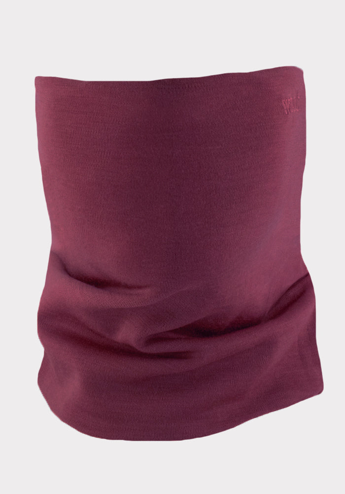 The Woolx Neck Gaiter • Final Sale - Grape Harvest is a maroon Merino wool gaiter crafted from soft, stretchy fabric and shown upright on a plain, light background.