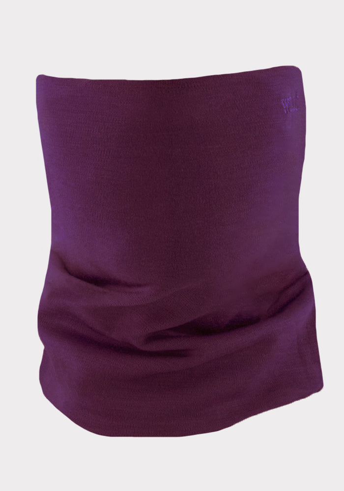 The Woolx Neck Gaiter • Final Sale - Majestic Purple features smooth Merino wool in a deep purple shade, shown upright on a light gray background.