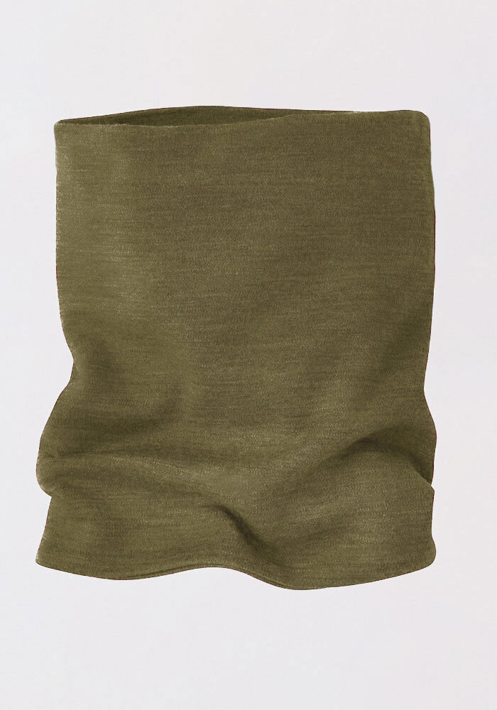 Woolx Neck Gaiter • Final Sale - Winter Moss, crafted from soft, stretchy Australian Merino wool in olive green. The slightly wrinkled fabric showcases its flexibility and ensures a comfortable fit against a plain light background.