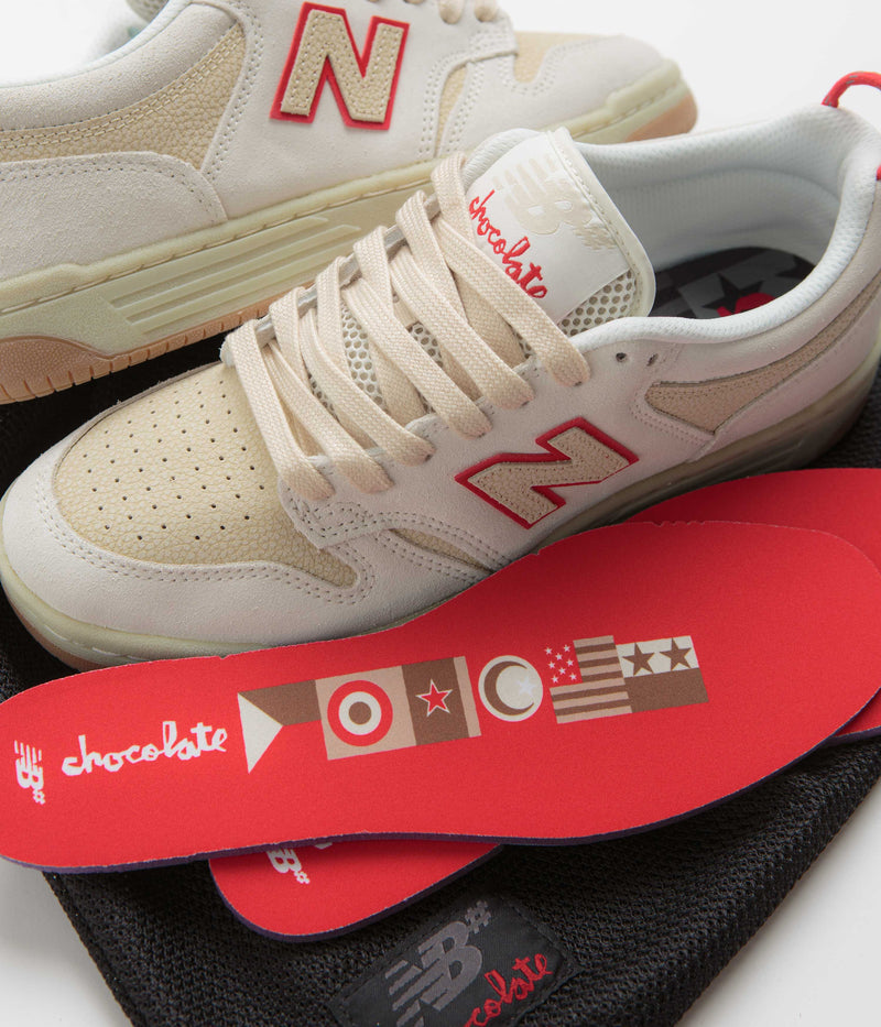 New Balance Numeric x Chocolate Skateboards 480 Shoes in Sea Salt and Red