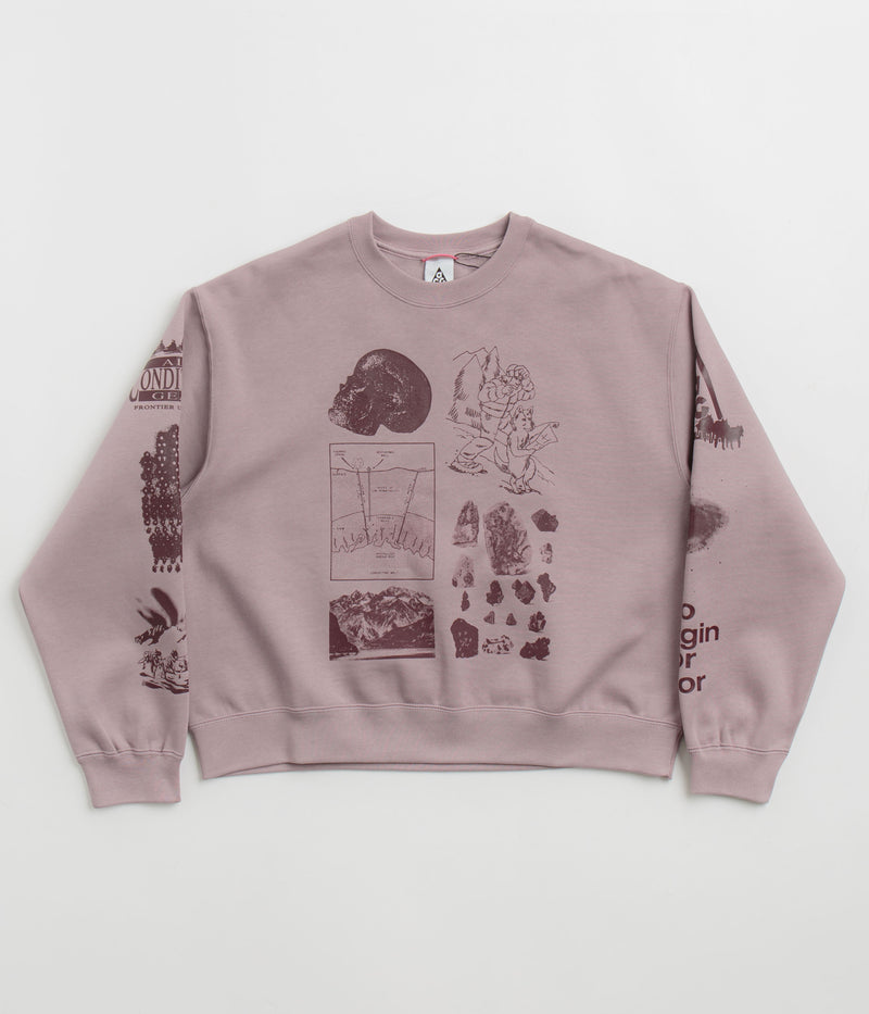 Nike ACG Womens Tuff Fleece Crewneck Sweatshirt in Light Violet Ore and Burgundy Crush