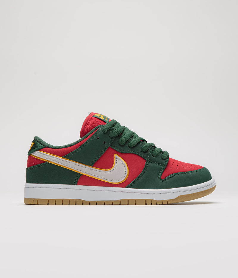 Nike SB Dunk Low Pro Premium Shoes in Fir and White and University Gold - Fire Red