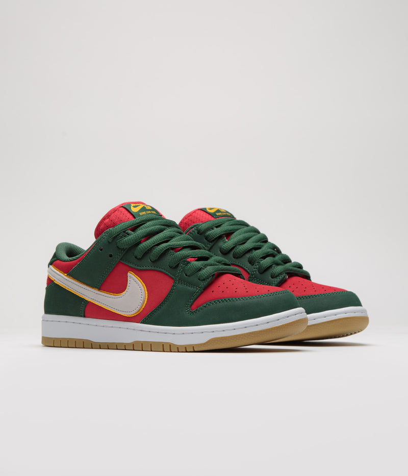 Nike SB Dunk Low Pro Premium Shoes in Fir and White and University Gold - Fire Red