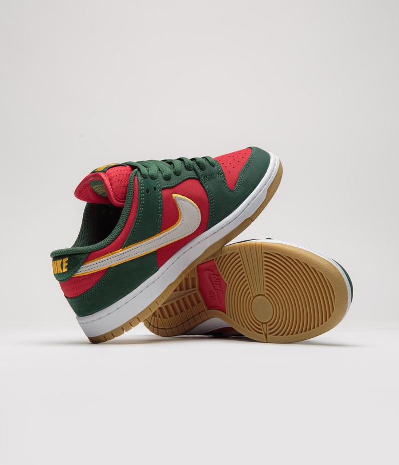 Nike SB Dunk Low Pro Premium Shoes in Fir and White and University Gold - Fire Red