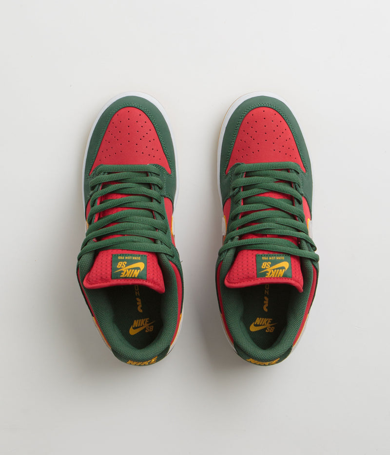 Nike SB Dunk Low Pro Premium Shoes in Fir and White and University Gold - Fire Red