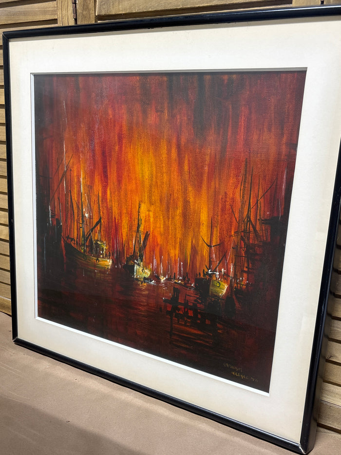 Oil Painting of Ships Under Fire-Sky by Graham Hedges; Signed  AS IS