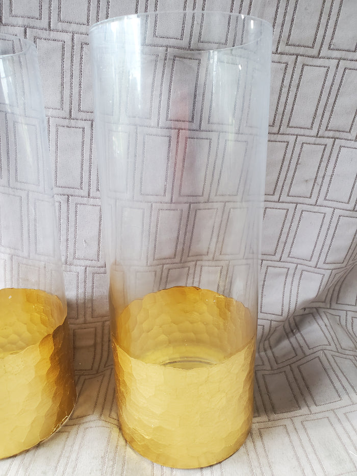 Pair of Clear Glass Gold Toned Dipped Honeycomb Base Candle Holders