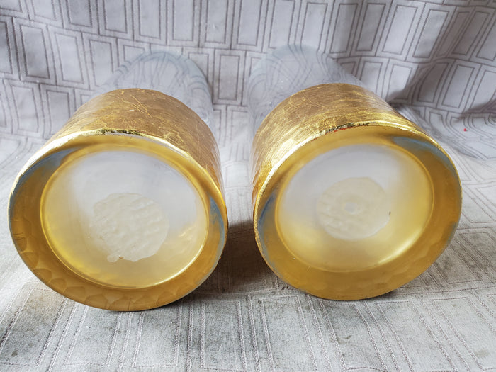 Pair of Clear Glass Gold Toned Dipped Honeycomb Base Candle Holders