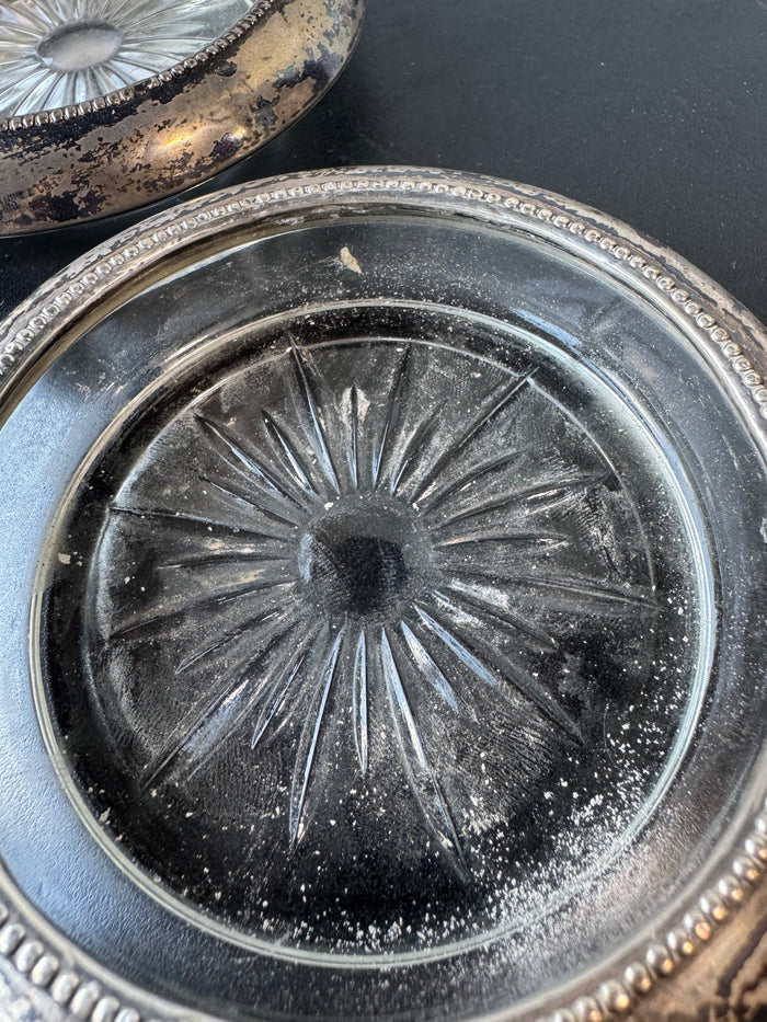 Pair of Frank M. Whiting Pressed Glass & Sterling Silver Coasters