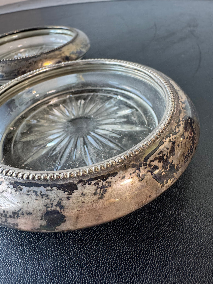 Pair of Frank M. Whiting Pressed Glass & Sterling Silver Coasters