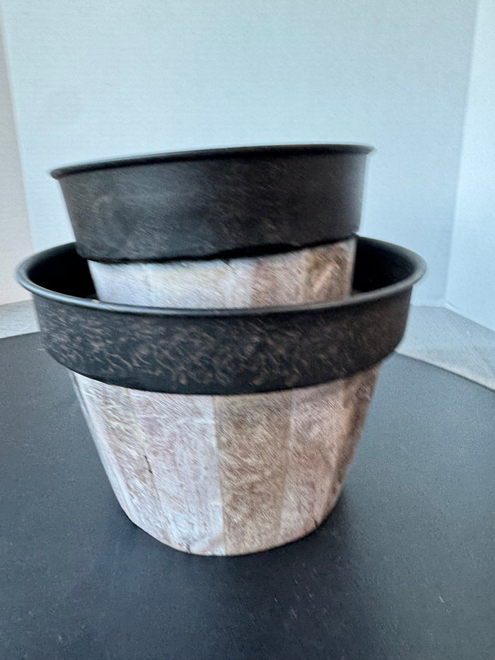 Pair of India Metal & Faux Wood Plank Planters with 1 Saucer
