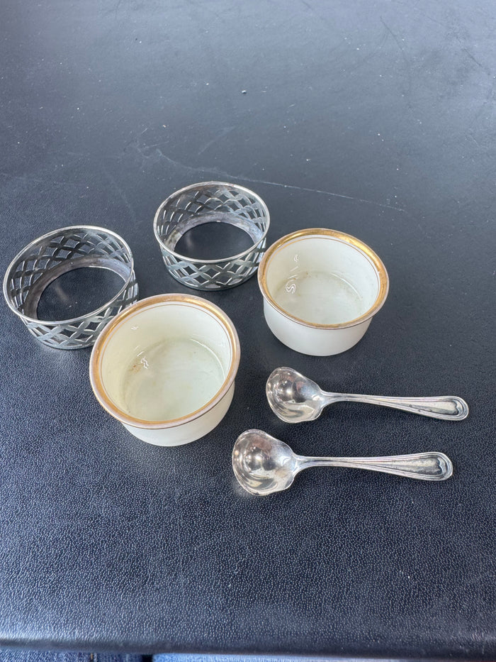 Pair of Lenox Porcelain Salt Cellars with Sterling Silver Sleeves & Scoops