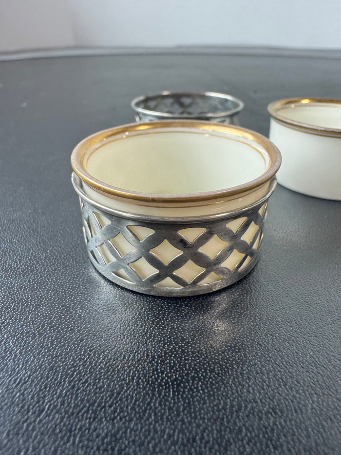 Pair of Lenox Porcelain Salt Cellars with Sterling Silver Sleeves & Scoops