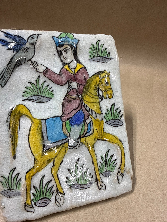 Persian Iznik Qajar Style Ceramic Pottery Tile Man on Horse