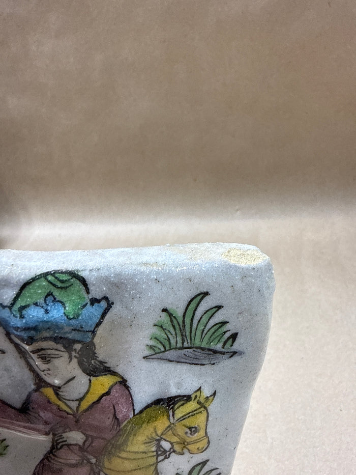 Persian Iznik Qajar Style Ceramic Pottery Tile Man on Horse