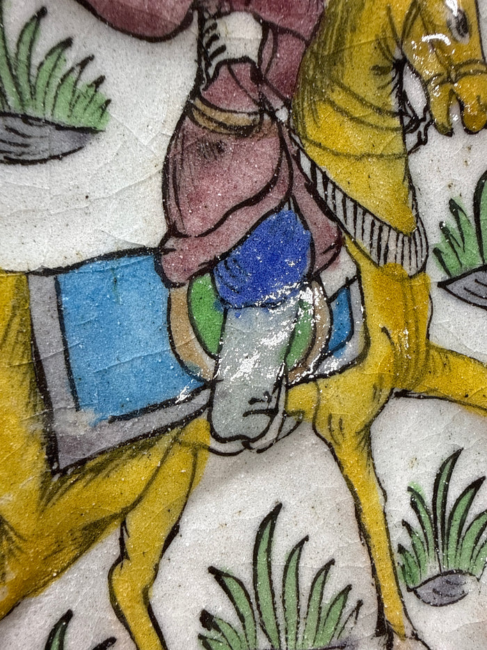 Persian Iznik Qajar Style Ceramic Pottery Tile Man on Horse