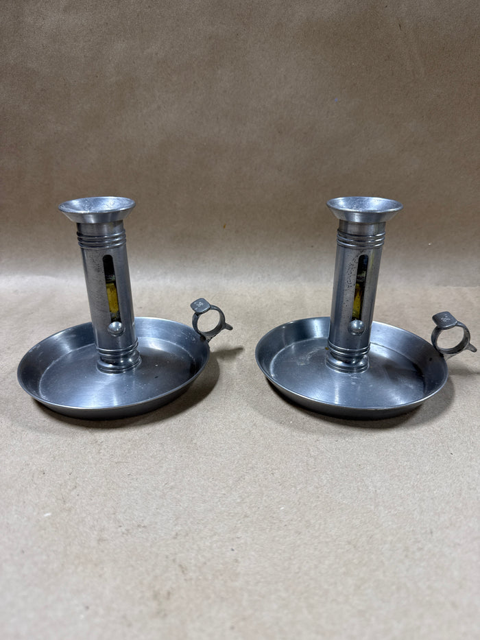 Pewter Chamberstick Push Up Candle Holders - Pair