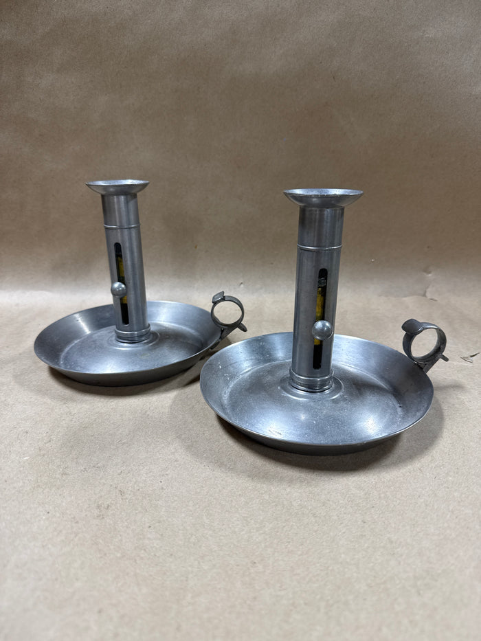 Pewter Chamberstick Push Up Candle Holders - Pair