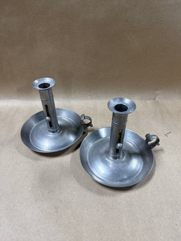 Pewter Chamberstick Push Up Candle Holders - Pair
