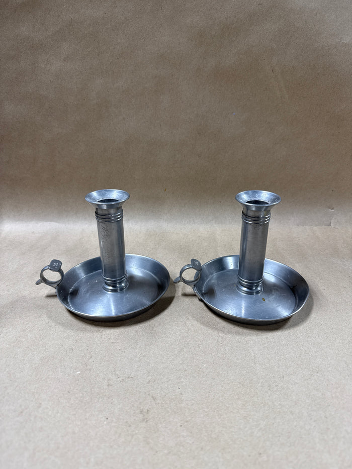 Pewter Chamberstick Push Up Candle Holders - Pair