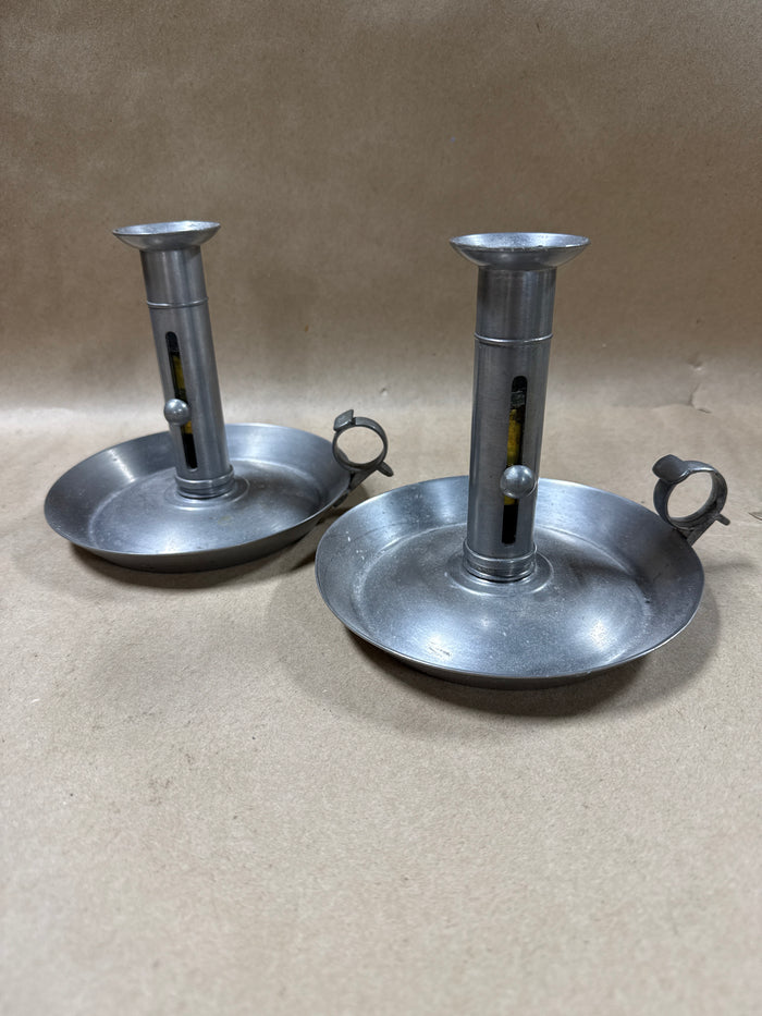 Pewter Chamberstick Push Up Candle Holders - Pair