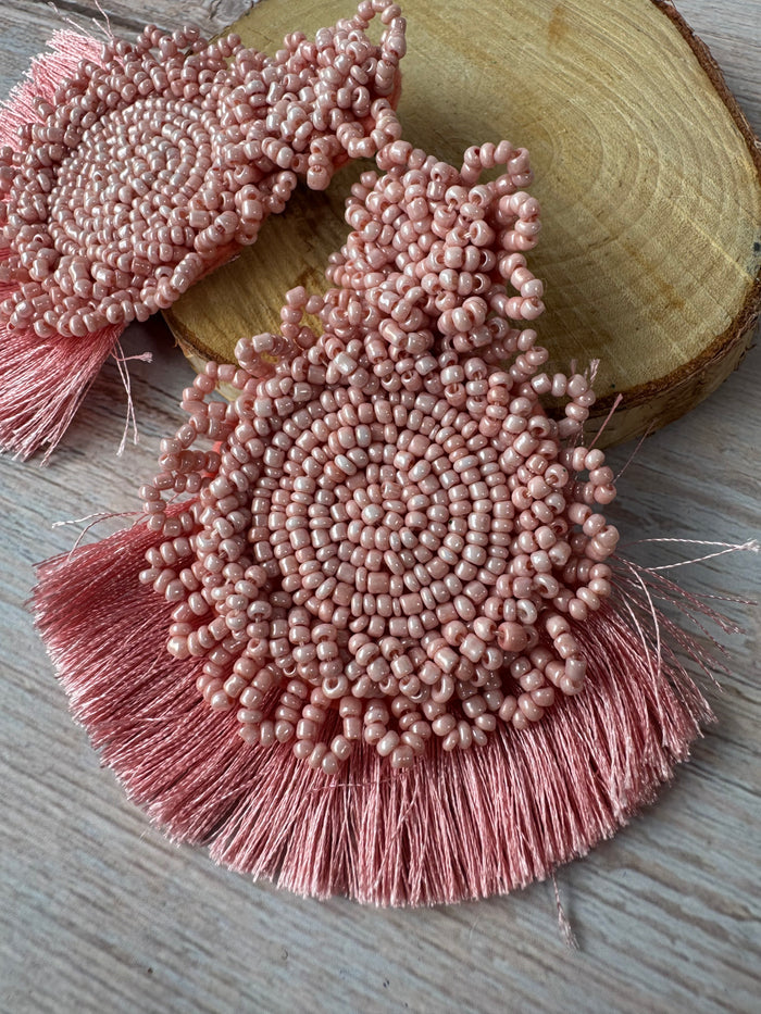Pink Beadwork Large Fringed Earrings
