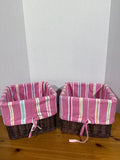 Pottery Barn Kids Sabrina Square Wicker Baskets With Pink Striped Lining - Pair