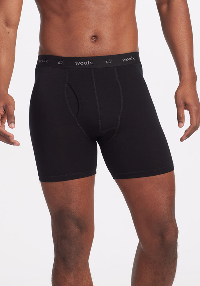 The image features an individual wearing the Reaction Boxer Briefs in Black, showcasing the Woolx brand name on the waistband. The front view highlights the comfortable fit of these performance boxers on the torso and upper legs. | Trell is 6’2”, wearing a size M