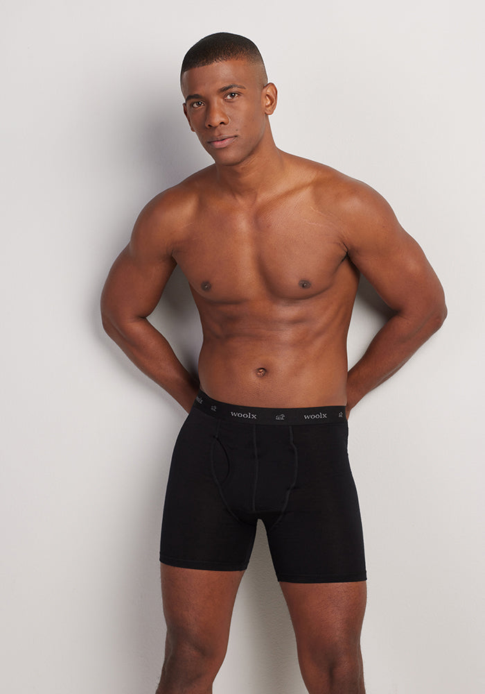 A man stands confidently against a plain white background, wearing stylish black Reaction Boxer Briefs OLD from Woolx, made from Merino Wool. He looks at the camera with his hands on his hips.