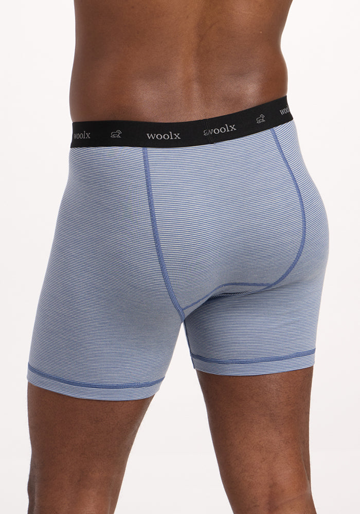A person is shown from the waist down wearing Woolx Reaction Boxer Briefs in Blue Sand Mini Stripe, featuring a black waistband with "Woolx" branding, against a plain white background.