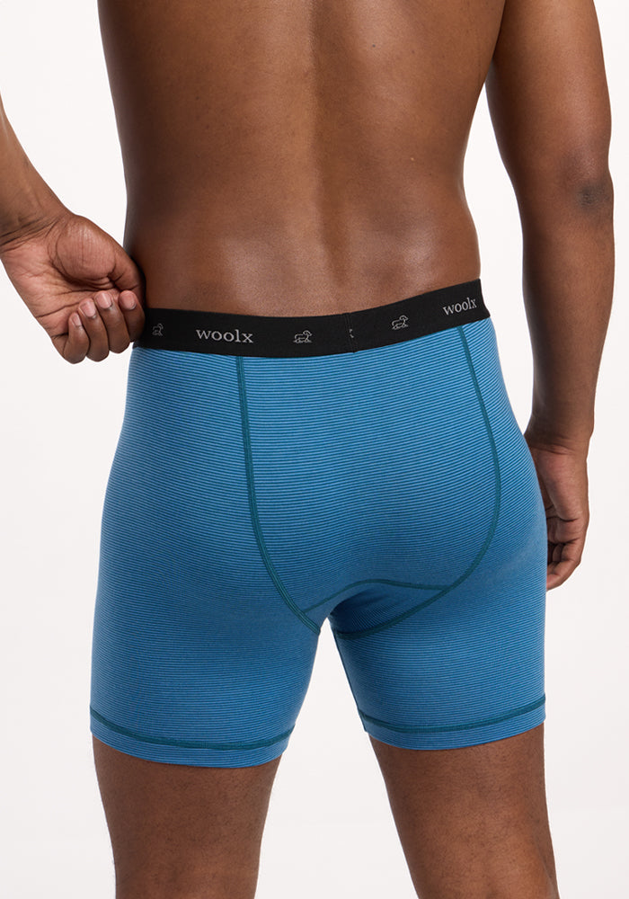 A man is shown from the back wearing Woolx Reaction Boxer Briefs in Coastal Mini Stripe, featuring a black "woolx" waistband, as he slightly pulls at the waistband with his left hand.