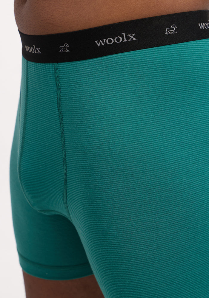 Close-up of a person wearing Woolx Reaction Boxer Briefs - Woodland Mini Stripe. The teal merino wool fabric and black waistband with the "woolx" name and sheep icons in white are highlighted on the left hip and upper thigh.