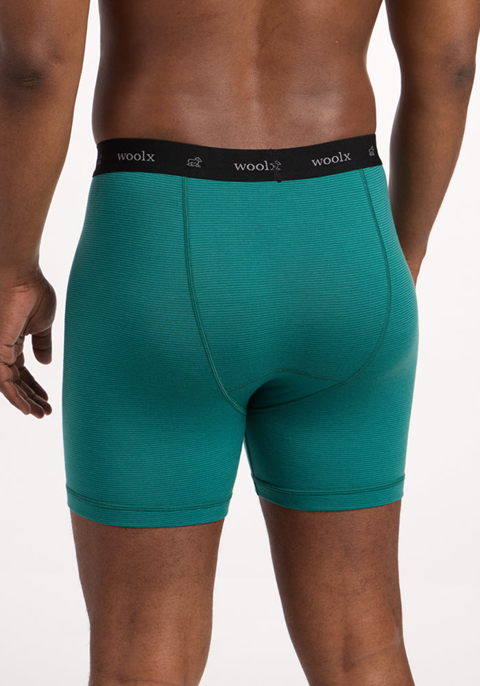 A man is shown from the back wearing Woolx Reaction Boxer Briefs in Woodland Mini Stripe, featuring a black waistband with "woolx" on it. The plain white background highlights these comfortable underwear essentials.